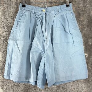 Tweeds Size 8 100% Linen Flat Front Casual Shorts Blue Button Zip